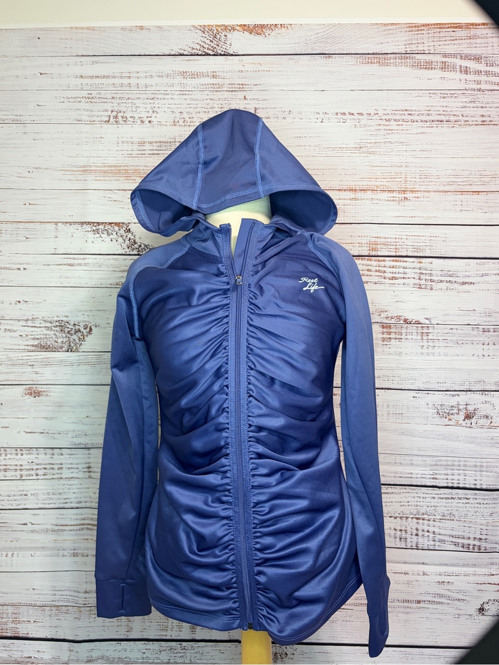 Reel Life Periwinkle Hooded Ruched Zip-Up Jacket